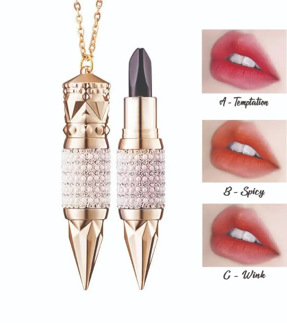 Bullet Lipstick Necklace Goth Black Lipstick Pendant Rhinestone Crystal Charm